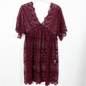 The Korner Maradona Bordeaux Open Lace Velvet V-Neck Dress
